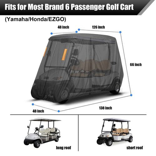 600D Heavy Duty 4+2 Seater Golf Cart Cover 6 Passenger, Golf Cart Cover 4 Passenger Extended Roof, Club Car Cover Lifted Golf Cart Storage Cover for 4 Seaters with 2 Bench Seats 138L 48W 66H Inches