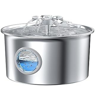 Stainless Steel Cat Water Fountain: 88oz/2.6L Ultra Quiet Pet Fountain with Flower Kitty Spout & LED Blue Light Water Disp...