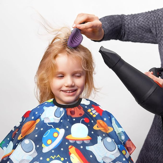 Kids Barber Cape with Neck Duster Brush, Professional Salon Hair Cutting Cape with Adjustable Snap Closure(Cartoon Space)