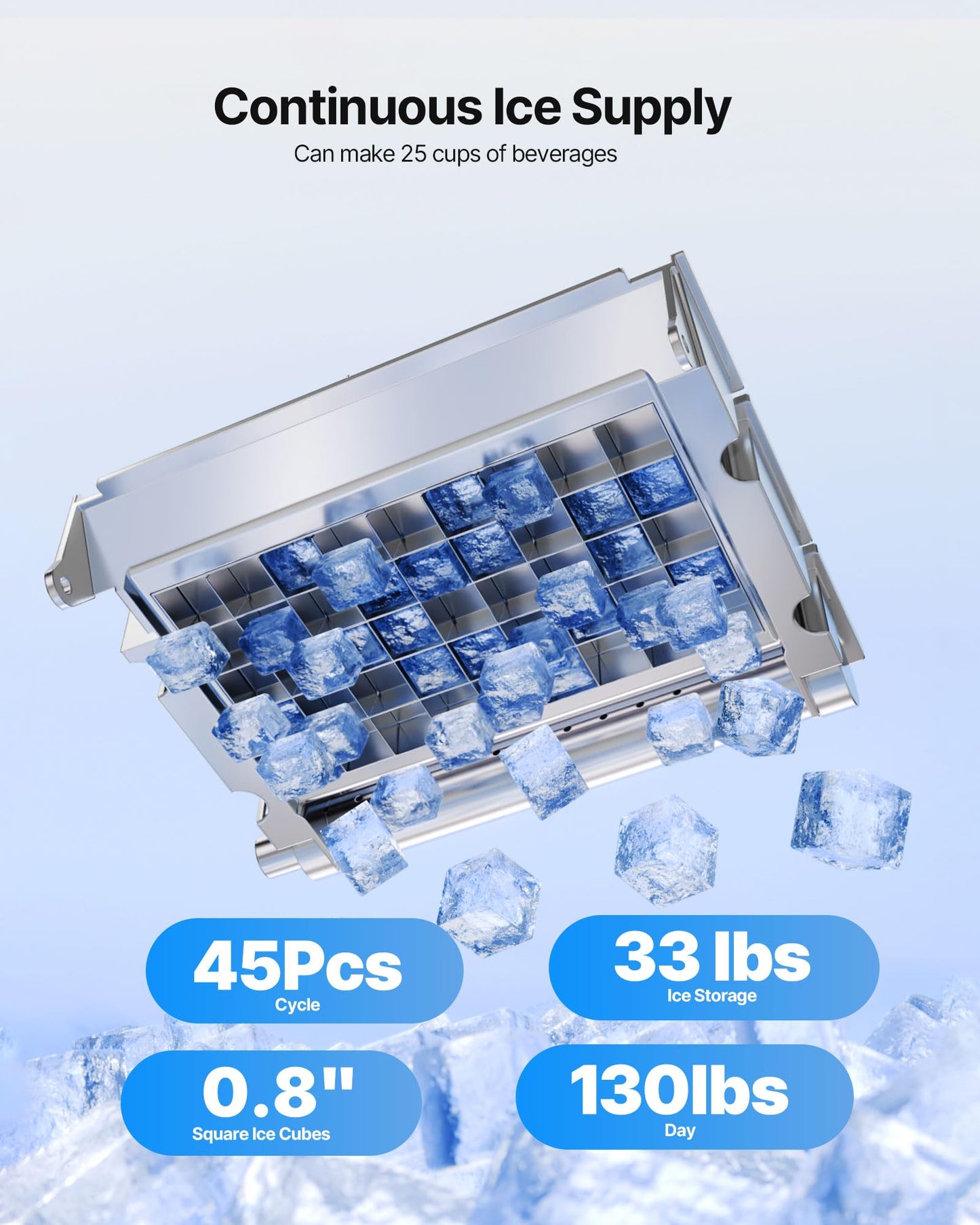 VEVOR Commercial Ice Maker Machine, 130Lbs/24H with 33Lbs Storage, 45 Cubes per Cycle, Stainless Steel Freestanding & Under Counter Ice Maker with LED Display & Self-Cleaning, for Home Bar Restaurant