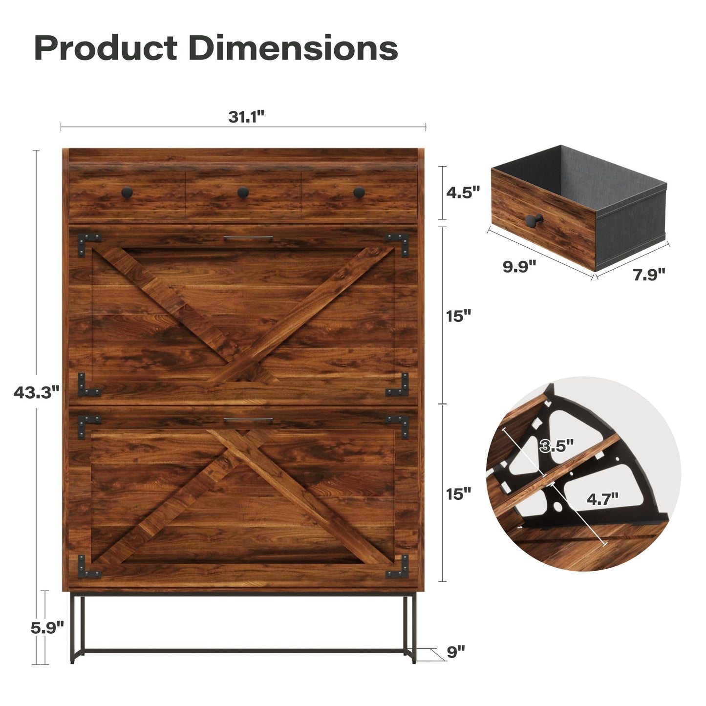 LAUSAINT HOME Shoe Storage Cabinet with 2 Flip Drawers & 3 Drawers for Entryway, Freestanding Hidden Shoe Organizer with Metal Legs, Slim Narrow Shoe Rack Cabinet, Rustic Brown