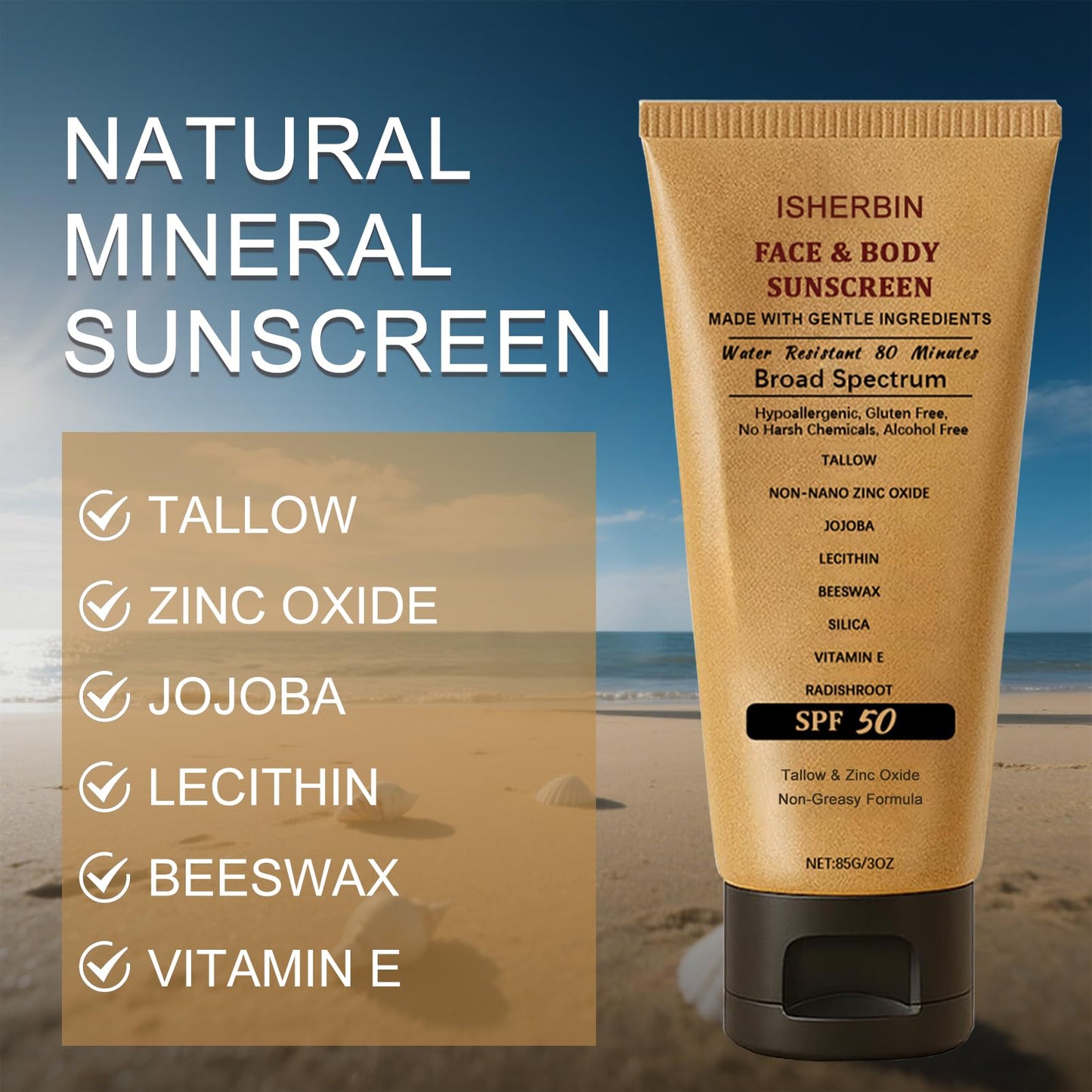 Beef Tallow Sunscreen with Zinc Oxide, Natural Mineral Sunscreen for Face, SPF50 Sunblock Beef Tallow for Skin Non Greasy Clean,