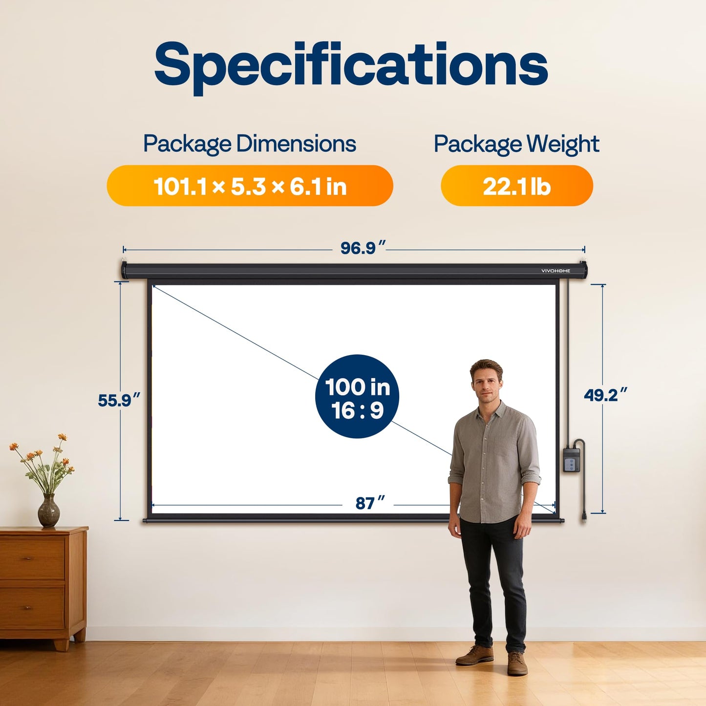 VIVOHOME Motorized Projector Screen with Remote, 16:9 100 Inch Auto Electric Projection Screen, HD 4K Movie Screen for Home Theater, Cinema, Office (87 x 49 Black)