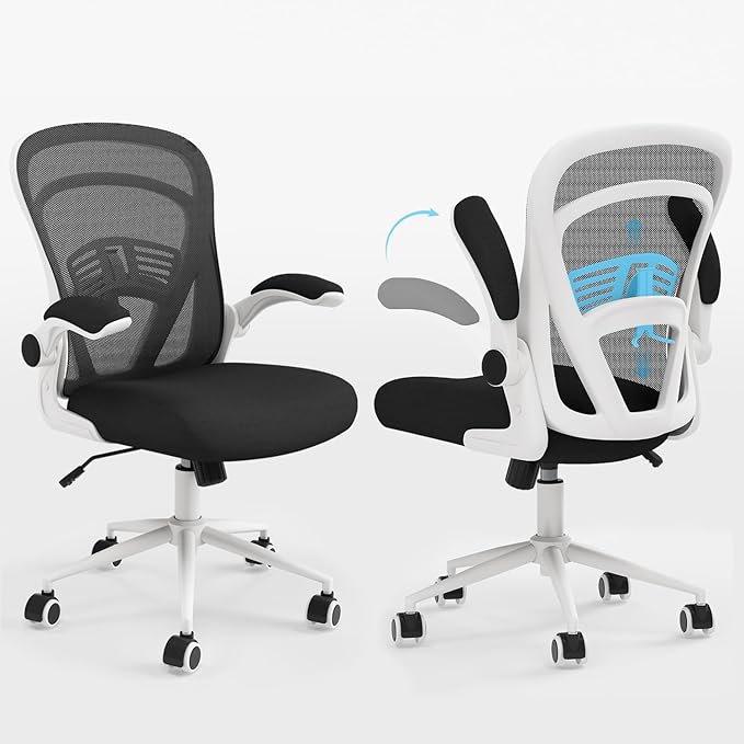 Ollega Computer Desk Chair with Wheels, Mesh Office Chair with Flip Up Arms, Adjustable Lumbar Support, Swivel Desk Chair Comfy, White