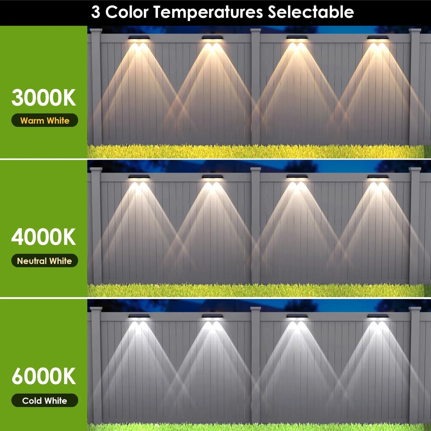 Solar Fence Lights Outdoor Waterproof LED - 3000/4000/6000K 3 Mode, IP65 Waterproof Fence Lights Solar Powered, Solar Wall Lights for Outside, Backyard/Step/Patio/Deck Fence/Stair Railings (12 Pack)