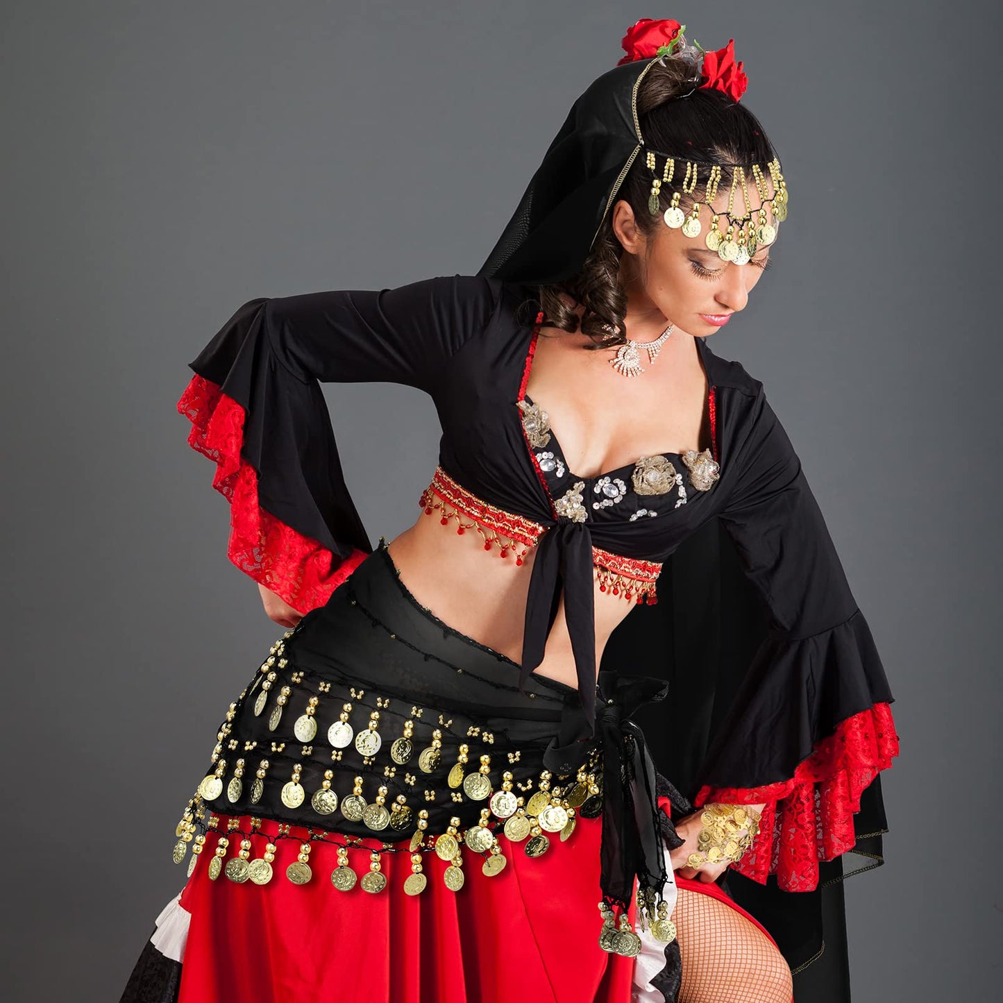 Eurzom 4 Pcs Gypsy Costume Women Belly Dance Outfit Gypsy Accessories Head Scarf with Coins Hip Scarf Bracelet(Black)