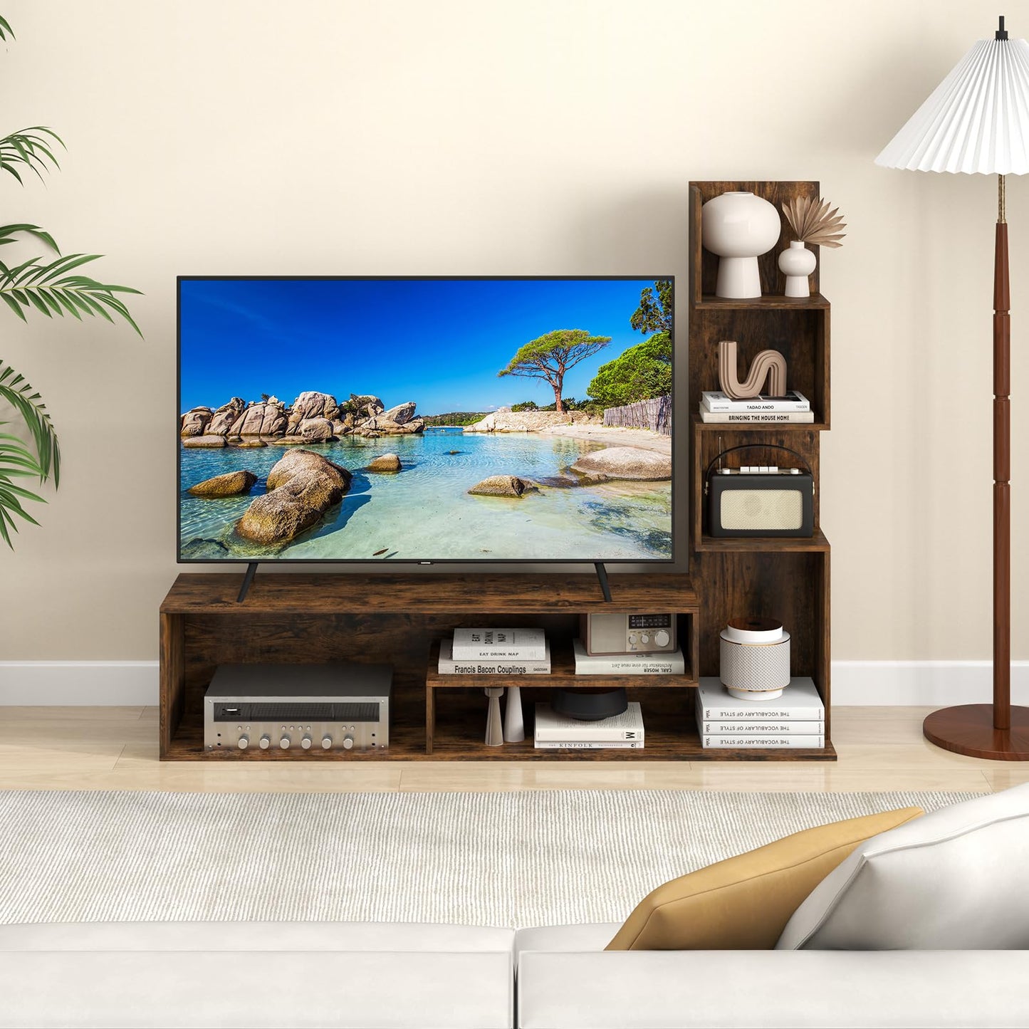 Giantex L-Shaped TV Stand for TVs up to 50", TV Entertainment Center with Storage & 3 Tier Bookshelves, Modern TV Console Table for Living Room, Bedroom, Entryway (Rustic Brown)