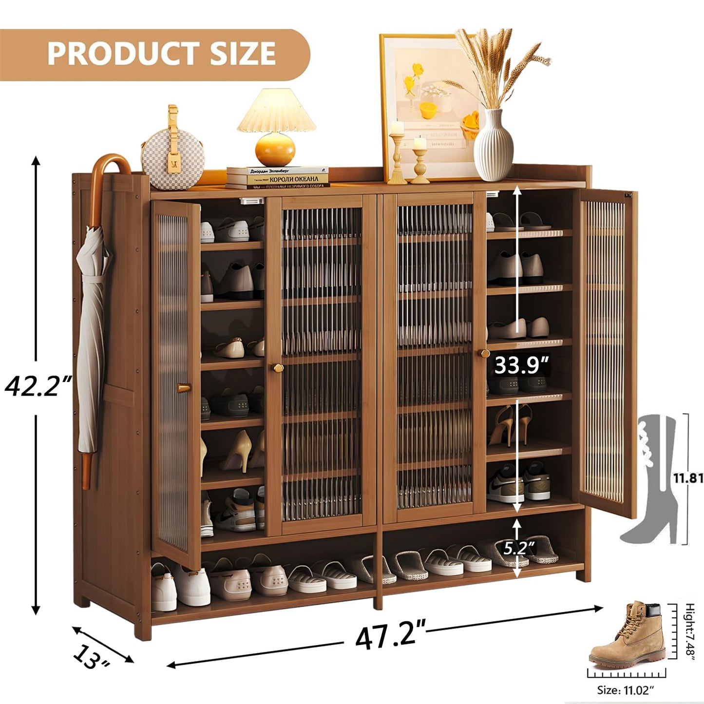 Bamboo Shoe Cabinet, 8-Tier Shoe Storage Cabinet with Doors, Freestanding Bamboo Shoe Rack Organizer with Shelves for Entryway, Hallway, Closet, Living Room (Brown-5)