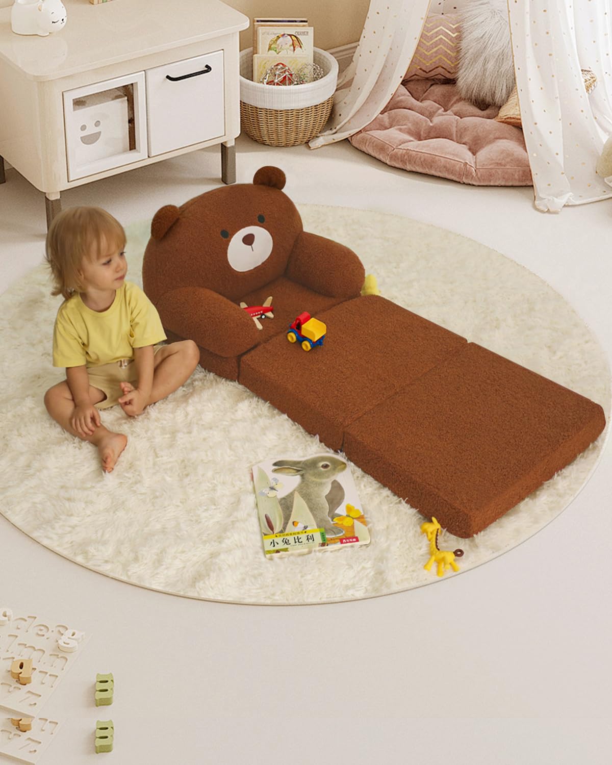 MOONBEEKI Comfy Toddler Chair, Kids Couch Fold Out to Lounger, Foldable Baby Sofa Plush for Girl and Boy Age 18 Months and Up ( Brown Bear)