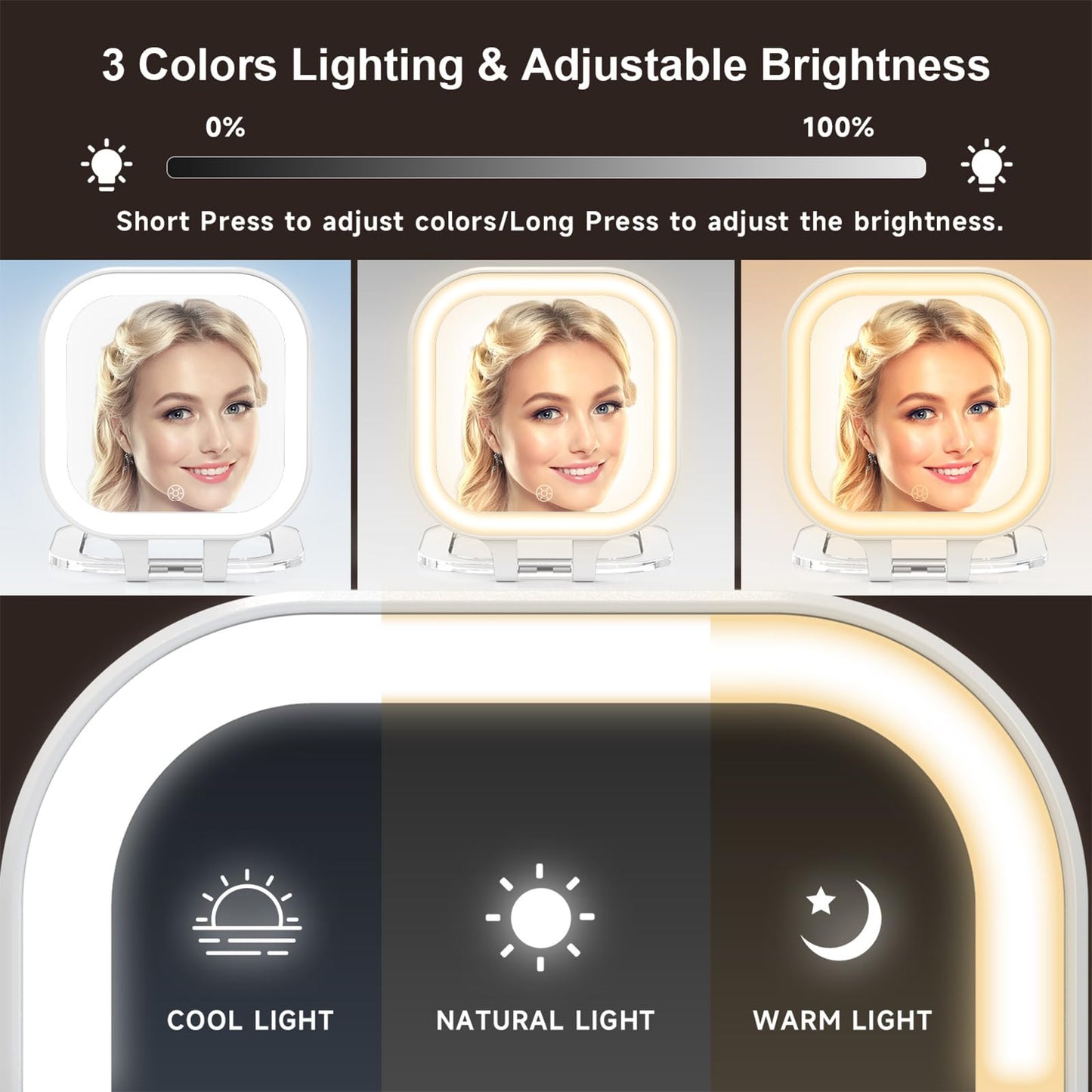 Mocado Compact Travel Makeup Mirror, 1X/30X Magnifying Mirror with Light, Double Sides Compact Mirror with 3 Color Light, Dimmab