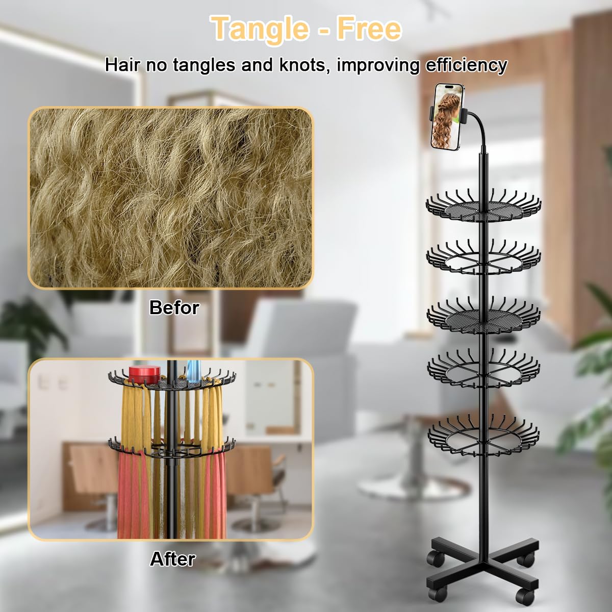 VIFOCUFY Braiding Hair Rack Standing Hair Extension Holder - 140 Pegs Braiding Hair Rack & Divider Stand with Phone Holder for D