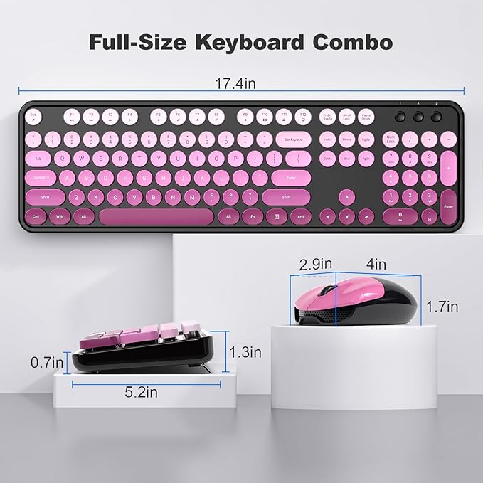 Wireless Keyboard Mouse Combo, Typewriter Full Size Keyboard with Number Pad and 2 in 1 USB Connected Mouse for Windows 7/8/10, Laptop, Desktop, PC, Computer (Black & Pink)