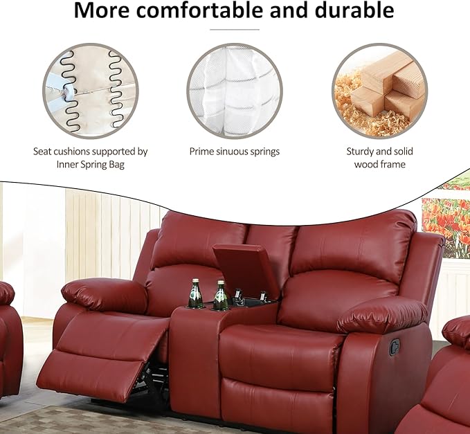 A Ainehome Living Room Furniture Set Leather Recliner Sofa Set Loveseat Chair Furniture Sofa Set for Living Room/Small Space/Rv/House/Office/Theater Seating (A-Red Leather, Loveseat)
