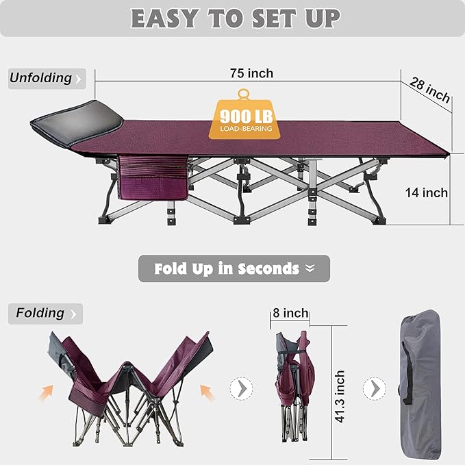 ABORON Camping Cot for Adult 28" Extra Wide, Heavy-Duty 1200D Oxford Cot for Sleeping, Portable Folding Camp Bed with Mat & Carry Bag