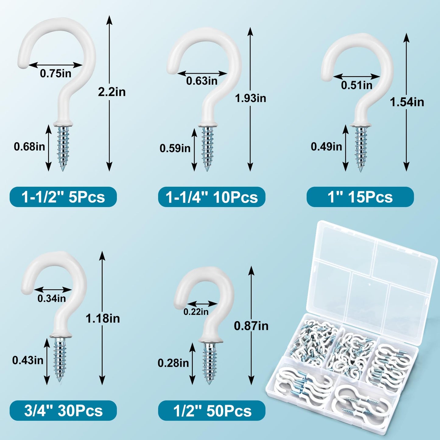Pylevemv 110Pcs Premium Screw Hooks, 5 Sizes White Vinyl Coated Cup Hook, from1/2 in Small Hooks to 1-1/2 in Ceiling Hooks Heavy Duty, Screw in Hooks for Hanging Plants, String Lights