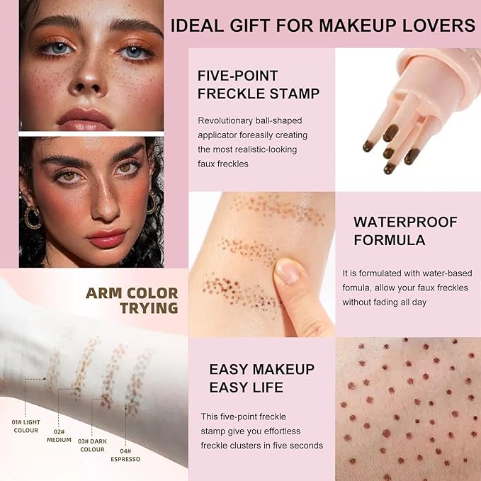 Freckle Stamp with 5 Point Precision Stamp Head, Natural Looking Faux Freckle Stamp Waterproof Fake Freckle Stamp Pen, High Pigment Long-Lasting Lifelike Sunkissed Pencil Tool Makeup (03# Deep)
