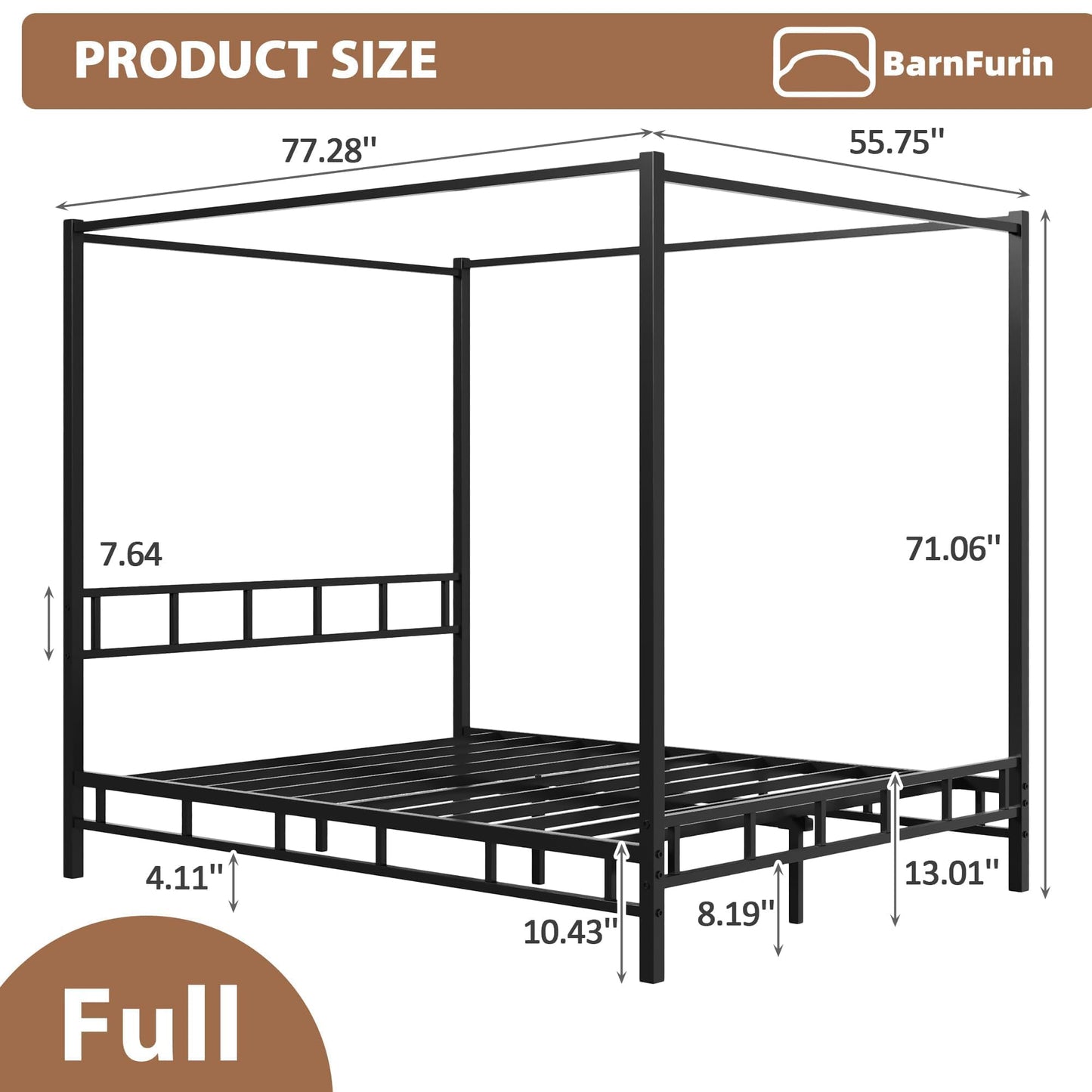 Canopy Bed Frame Full with Headboard and Footboard, Mattress Foundation Platform with Metal Slats Support, Underbed Storage Space, No Box Spring Needed, Easy Assembly, Black