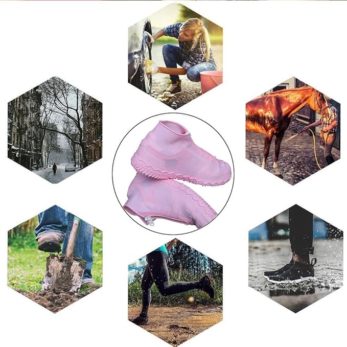Waterproof Shoe Covers, Silicone Reusable Shoe Cover Non-slip Durable Zipper Elastic Rain Cover Protection for Men Women (M (Women 5-7, Men 5-6), Pink)