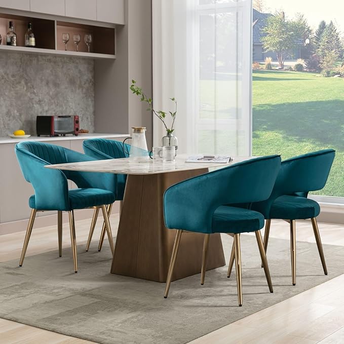 COMULER Teal Velvet Dining Chairs Gold Legs, Modern Dining Room Chairs with Arms Set of 4 Upholstered Accent Chair Armchair with Barrel Back for Kitchen Living Room