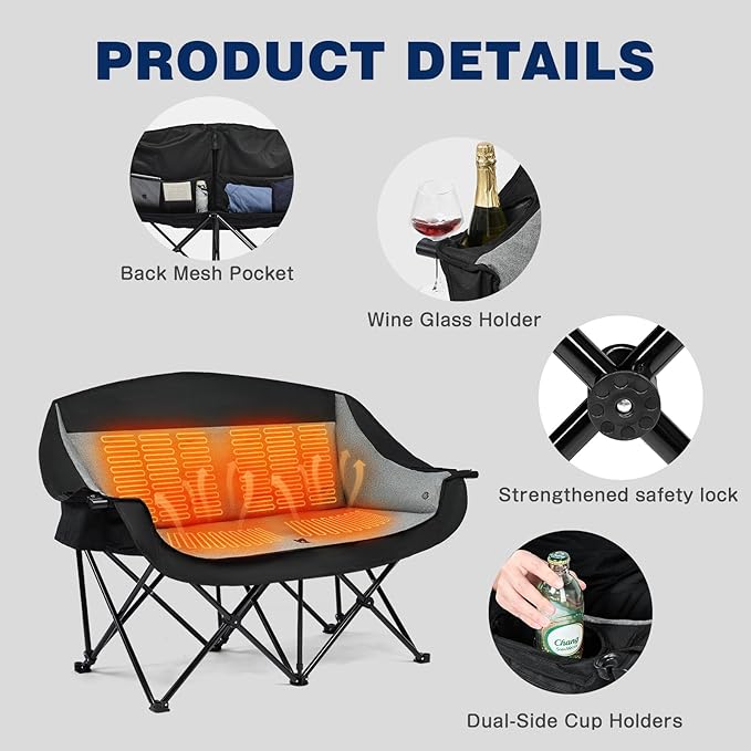 apollo walker Heated Double Camping Chair - Extra Wide Heavy Duty 600lbs Camping Couch with Adjustable Heating, Dual Cup Holder & Carry Bag, Loveseat Camping Chair for Outdoor, Lawn, Park