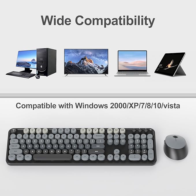 Wireless Keyboard and Mouse Set, Retro Typewriter, 2.4GHz Full Size 104-Key Cute Keyboard with Number Pad, Colorful Keyboard with Round Keycaps for Windows PC Laptop(Black Gray)