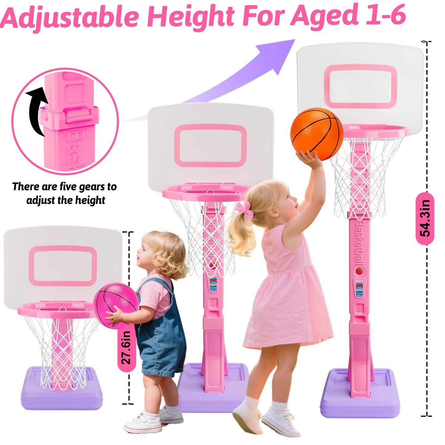 Toddler Pink Basketball Hoop Indoor Outdoor Age 1-3, Adjustable Kids Basketball Hoop with 3 Balls Backyard Outside Girls Basketball Goal Sport Toys for 1 2 3 4 Year Old Baby Girl Birthday Gifts