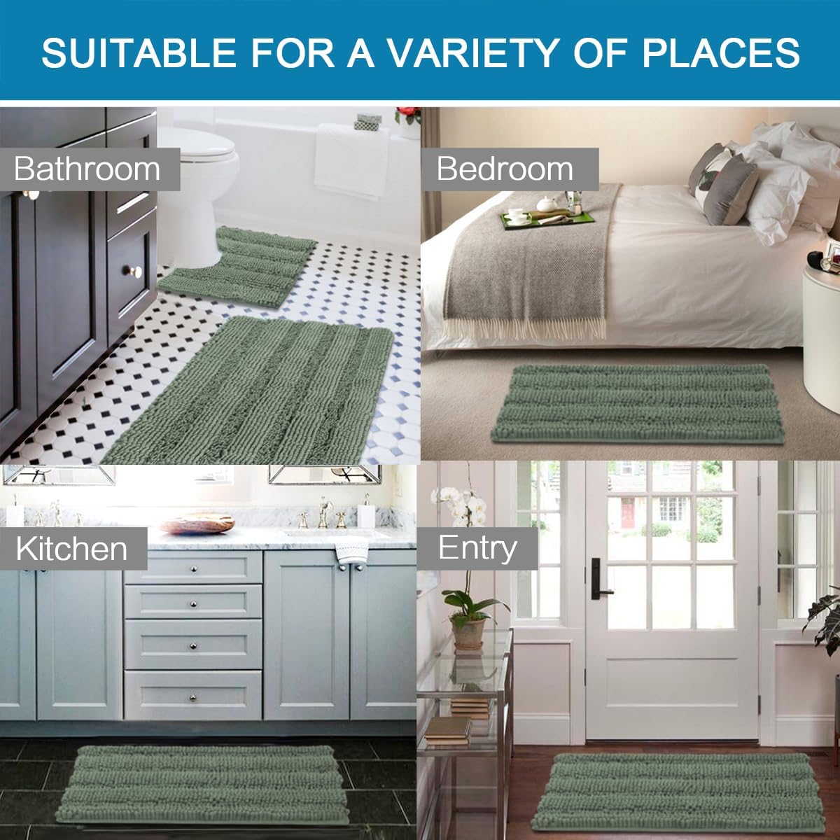 H.VERSAILTEX Bathroom Rugs Bath Rug Set 2 Piece Bathroom Contour Rug Toilet Mat Non Slip Contour Bath Rug Ultra Thick Water Absorbent Striped Bath Mats Washable(20" x 32" Plus 20" x 20" U, Green Bay)