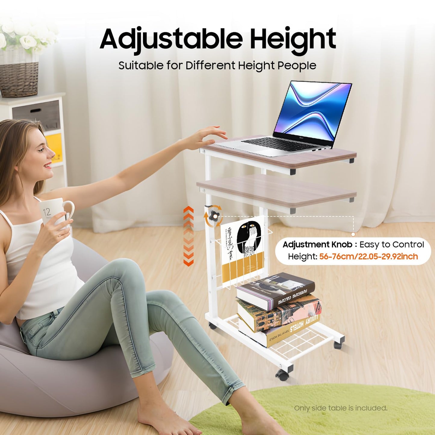 UIdili Height Adjustable Sofa Side Table with Wheels, Removable Storage Basket and Shelf, Portable End Table Couch Table with Locking Casters, Antique Oak Mobile Desk for Living Room, Bedroom