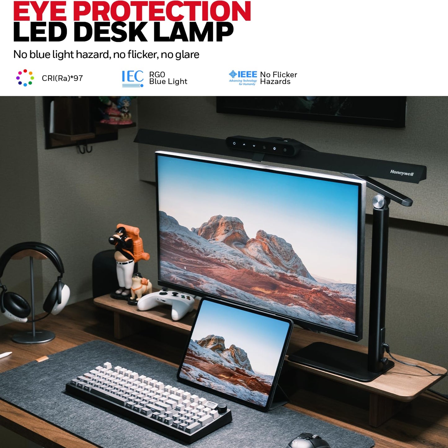 Honeywell LED Desk Lamp with Base - HJ1BK Sunturalux Eye-Caring Architect Desk Lamp for Home Office, 1200LM Computer Desk Light 4 Color Modes Stepless Dimming Task Desk Light with Timer Function Black