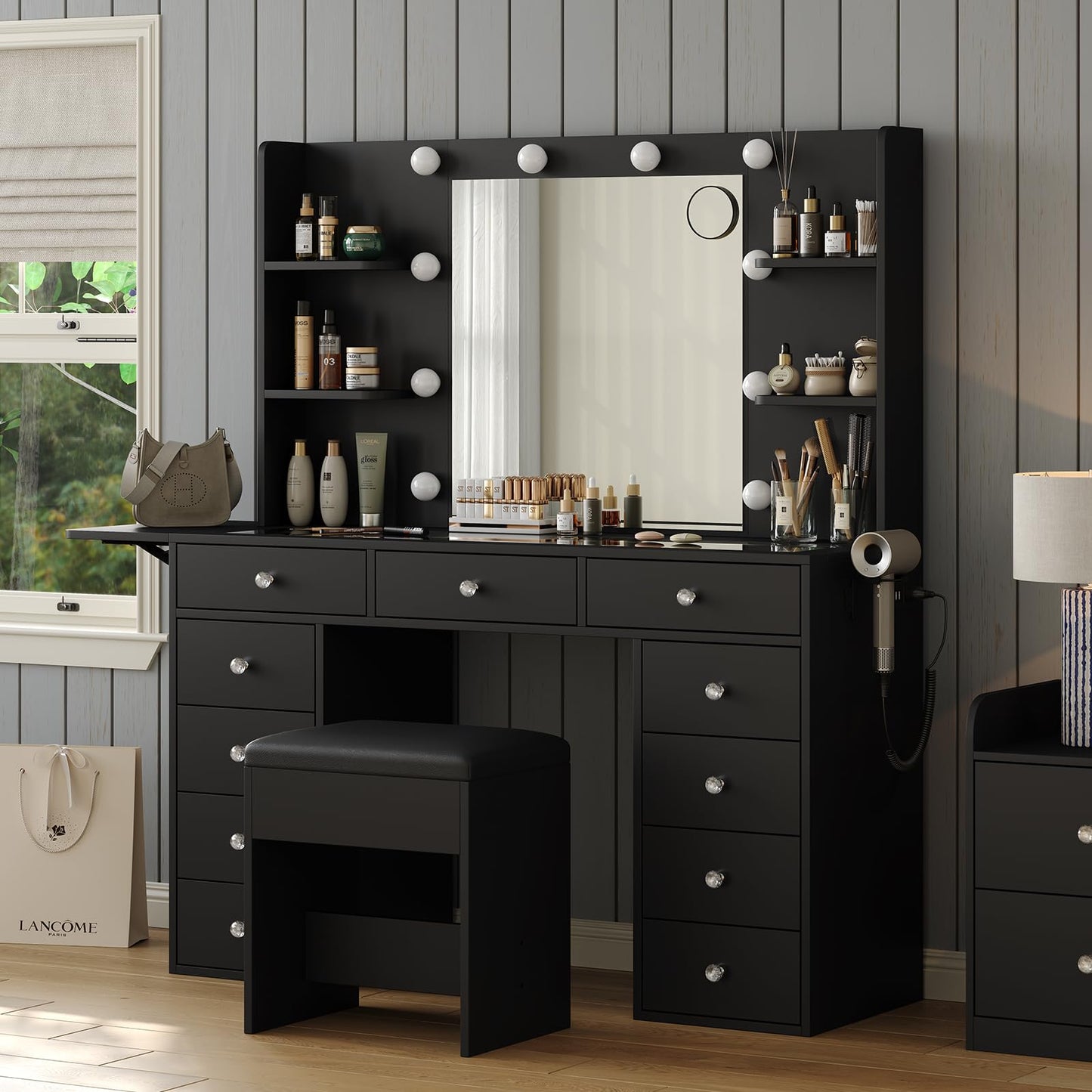Vanity Desk with Power Outlet, 11 Drawers Makeup Vanity with Lighted Mirror, 3 Colors Adjustable, Glass Top with Chair, 4 Shelves and Fold-up Panel, Vanity Set for Bedroom, Dressing Room, Black
