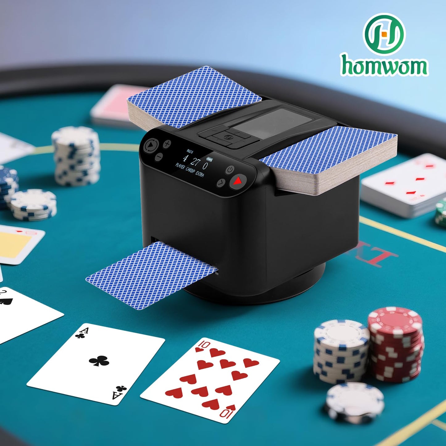 Automatic Card Shuffler and Dealer 2-in-1 with Extra Gift 100PCS Poker Set and Casino Felt - Support 12 Players, 4 Drawing Remotes, Built-in Gameplays, 360°/180° Deal, 2 Decks for Poker, UNO, Phase 10