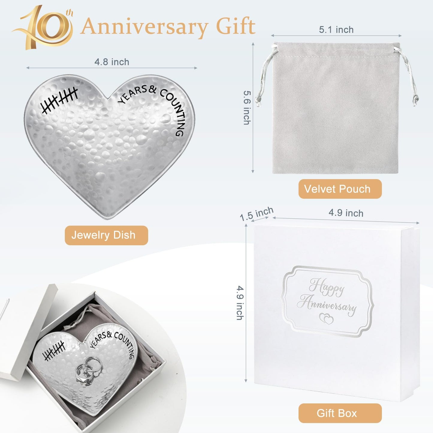 CEELGON 10 Year Wedding Anniversary Tin Gifts 10th Gifts Heart Jewelry Tray Engraved Aluminum Decorative Dish for Couple Him or Her