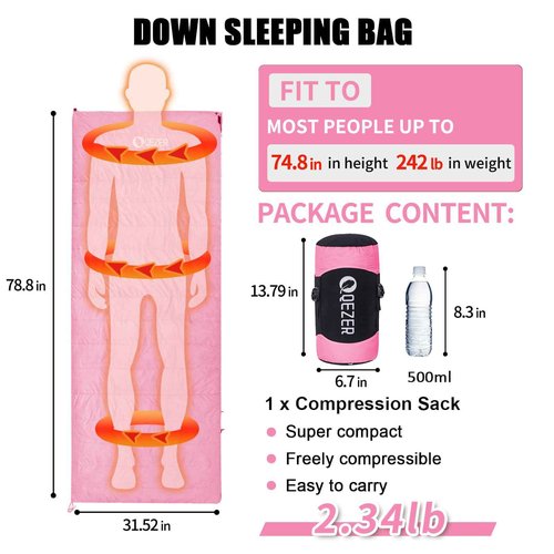 Down Sleeping Bag for Adults, Ultralight Wearable Sleeping Bag for Backpacking, Can Be Used as a Blanket or Mat (Pink)