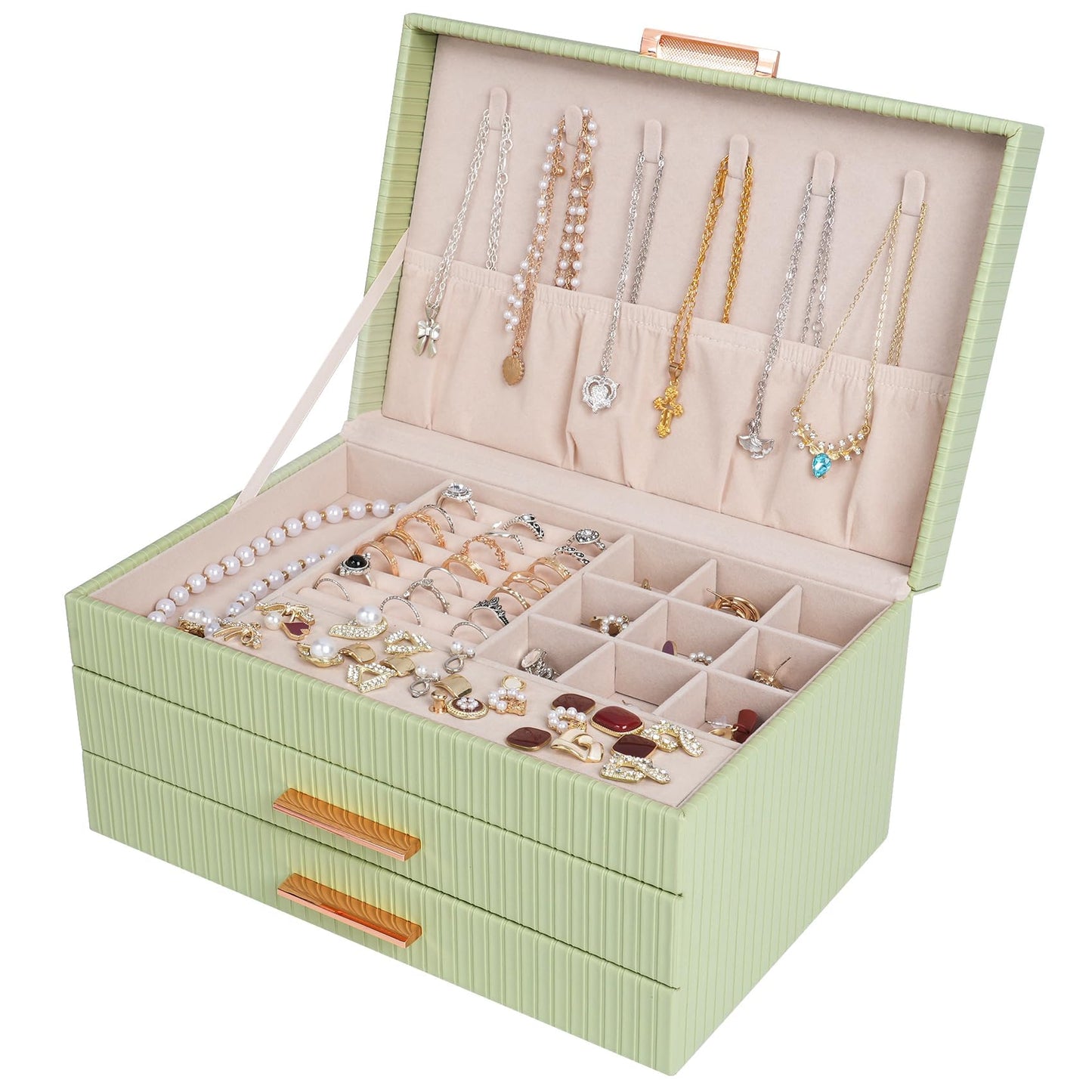 Dajasan Jewelry Organizer Box, Jewellery Boxes for Women, 3-Tier Jewelry Storage Organizer for Earring, Ring, Necklace, Bracelets (Avocado Green)