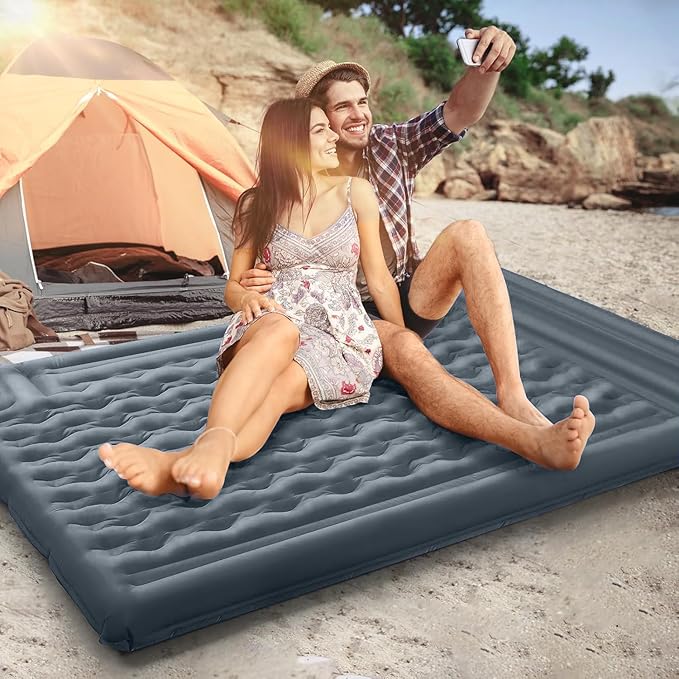 Double Sleeping Pad Camping, Self Inflating 6'' Extra-Thick 2 Person Pillow Built-in Foot Pump Waterproof Inflatable Sleeping Mat Backpacking, Tent, Hiking, Portable Camping Pad (Grey)