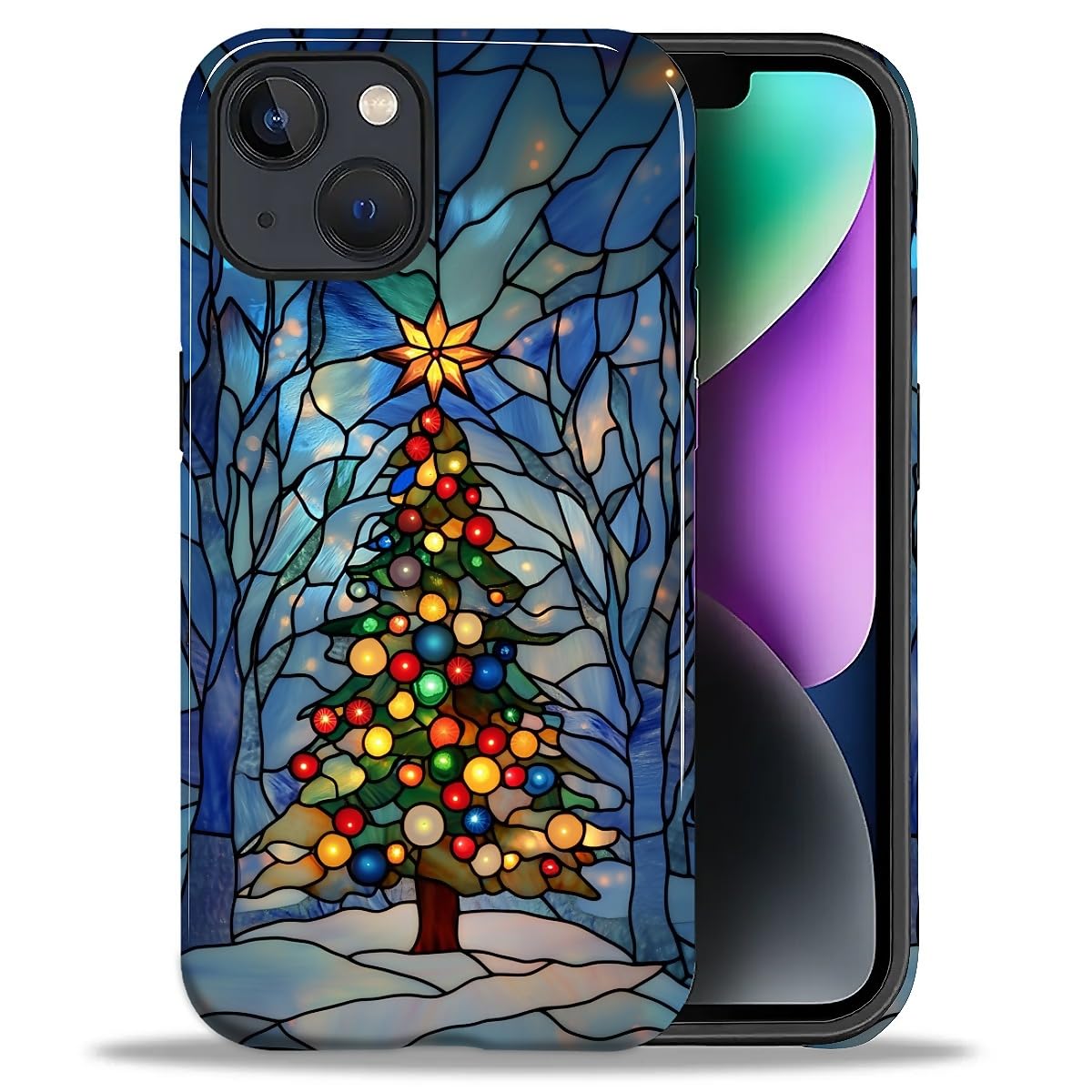 SKAMIX Case for iPhone 14 Plus,Drop Protection Hybrid 2-Layer Hard Phone Cover-Stained Glass Winter Christmas Tree