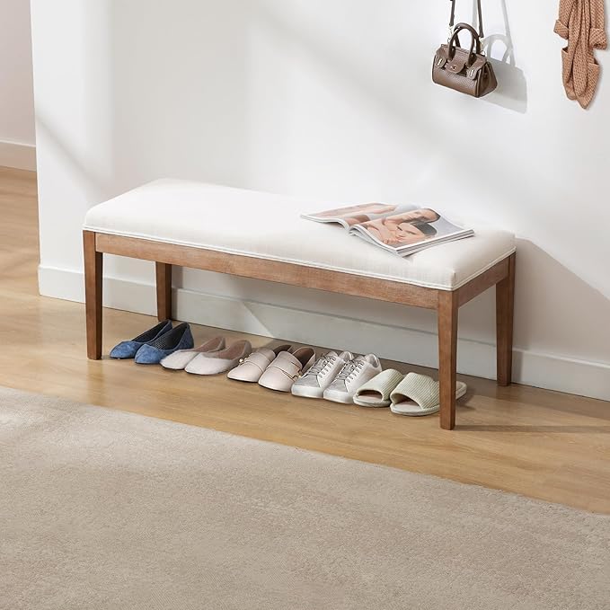 DM Furniture Linen Dining Bench Upholstered Entryway Bench Farmhouse Shoe Bench Seat Ottoman for Hallway Living Room Bedroom End of Bed Dining Room Kitchen, 45.5" Long, Beige