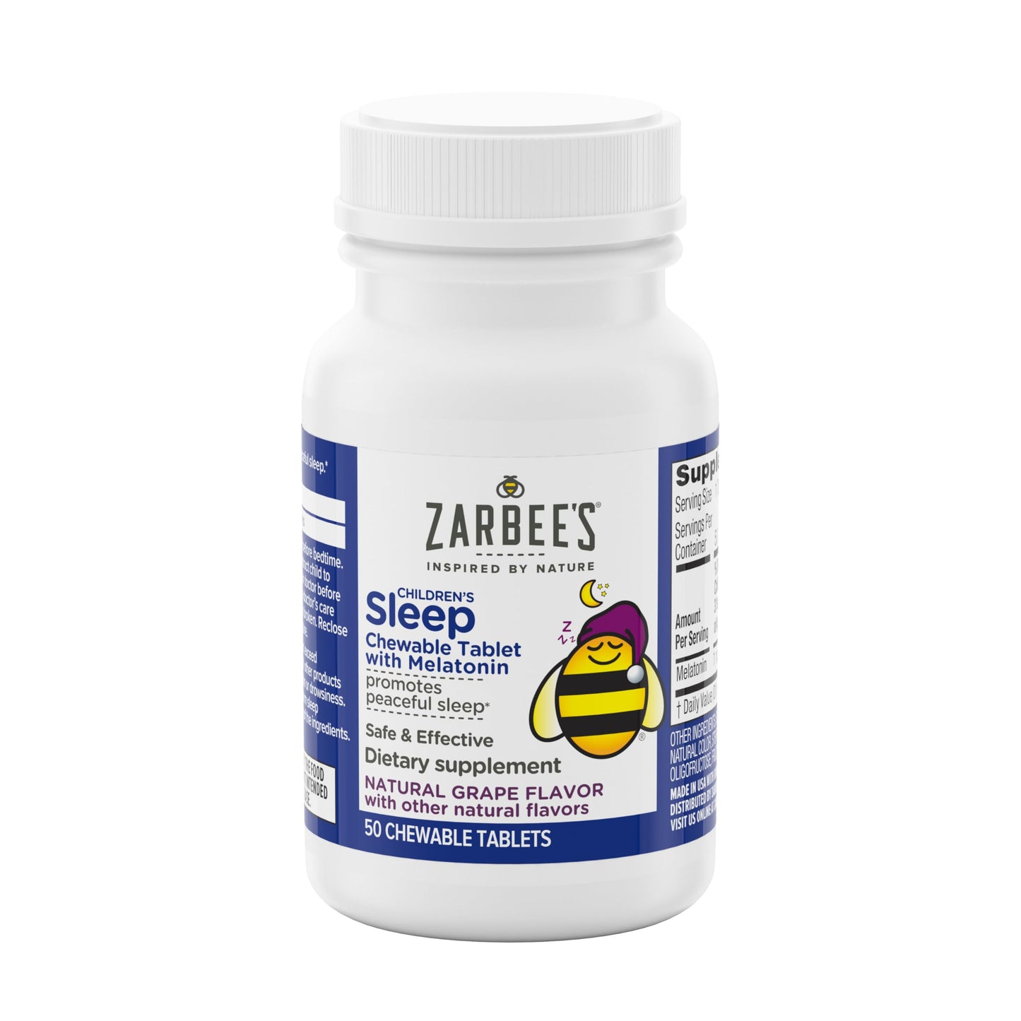 Zarbee's Kids Melatonin Chewable Tablet, 1mg Melatonin, Drug-Free & Effective Sleep Supplement, Natural Grape Flavor, No Artificial Sweeteners or Dyes, Gluten Free, Ages 3+, 50 ct