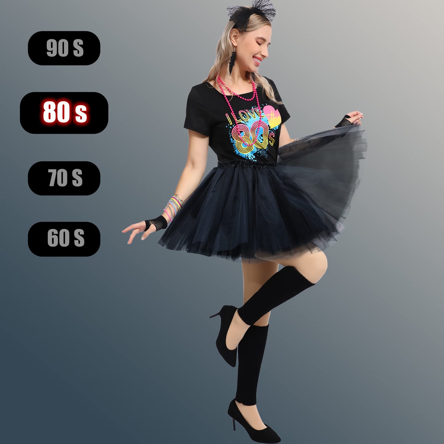 Sincere Party Women's 80s Costume Set Cotton T-Shirt,Pants,Tutus,Leg Warmers,Gloves,Necklace,Bracelets,Headband,Earrings(Black,XXL14-16)
