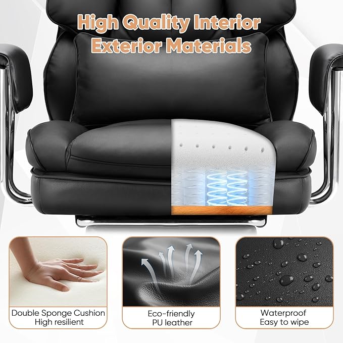 Sweetcrispy Executive Home Office Desk Chair - Ergonomic Big Tall High Back with Footrest & Lumbar Support, Reclining Height Adjustable, Comfy PU Leather Computer Gaming with Swivel Wheels, Black