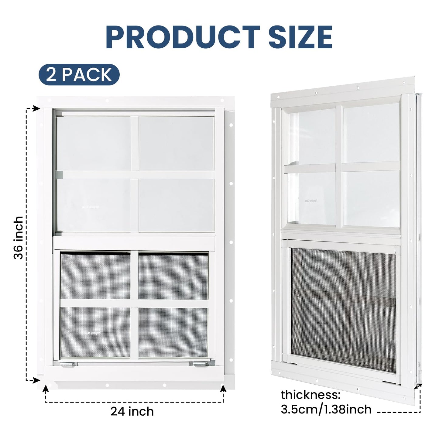 COLORPAPA 2 Pack Shed Windows,24" x 36" Small Sliding Windows,Flush Mount Windows with Tempered Glass and Fiberglass Screen for Shed, Chicken Coop, Playhouse, Household, Garage, Barns (White)