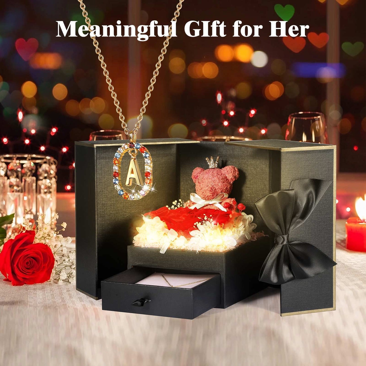 Cute Preserved Real Roses Bear Gift Box for Girlfriend with Initial Necklace A, Unique Birthday Gift for Mom, Her, Grandma, Anniversary Presents for Wife