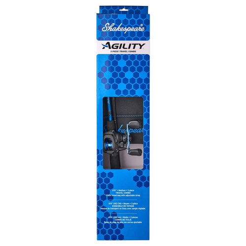 Shakespeare Agility Travel Low Profile Baitcast Reel and 6'6" Fishing Rod Combo, Right Handle Position, 90mm Handle with Large Knobs for Extreme Torque, Multi-Disk Drag System
