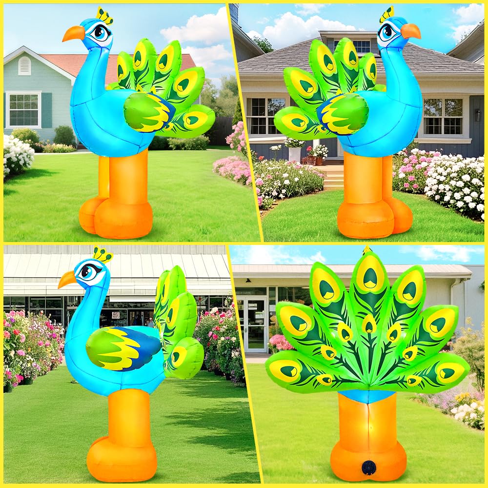 KOOY 6FT Peacock Decor Inflatable, Built in LED Lights Blow Up Animal Decorations for Garden, Peacock Garden Decor for Summer Beach Party Tropical Lawn Yard