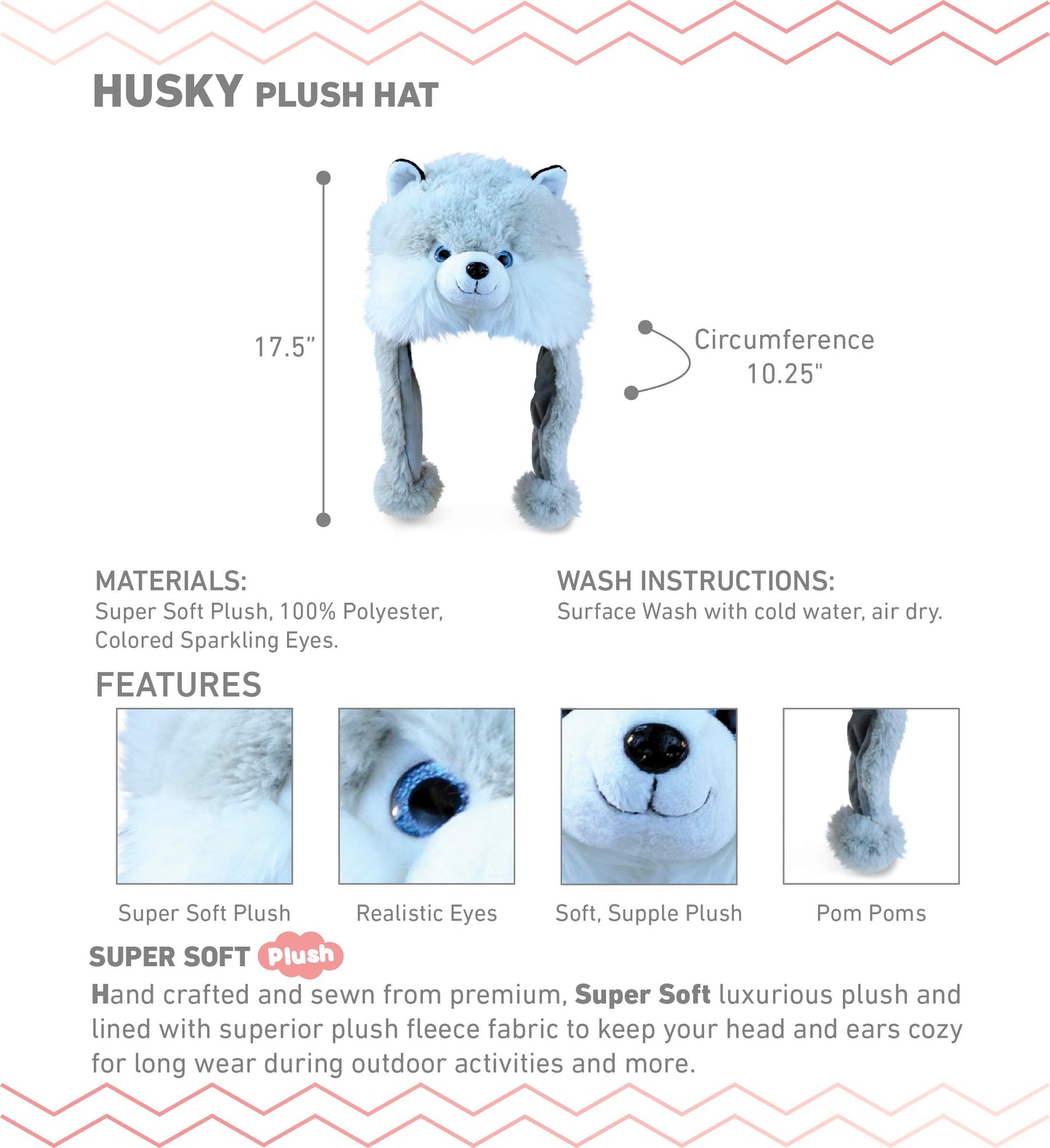 DolliBu Gray Husky Dog Plush – Stuffed Animal Beanie with Ear Flaps, Cozy Fleece Winter Headwear for Kids & Adults, Funny Husky Costume for Halloween or Cosplay – One Size