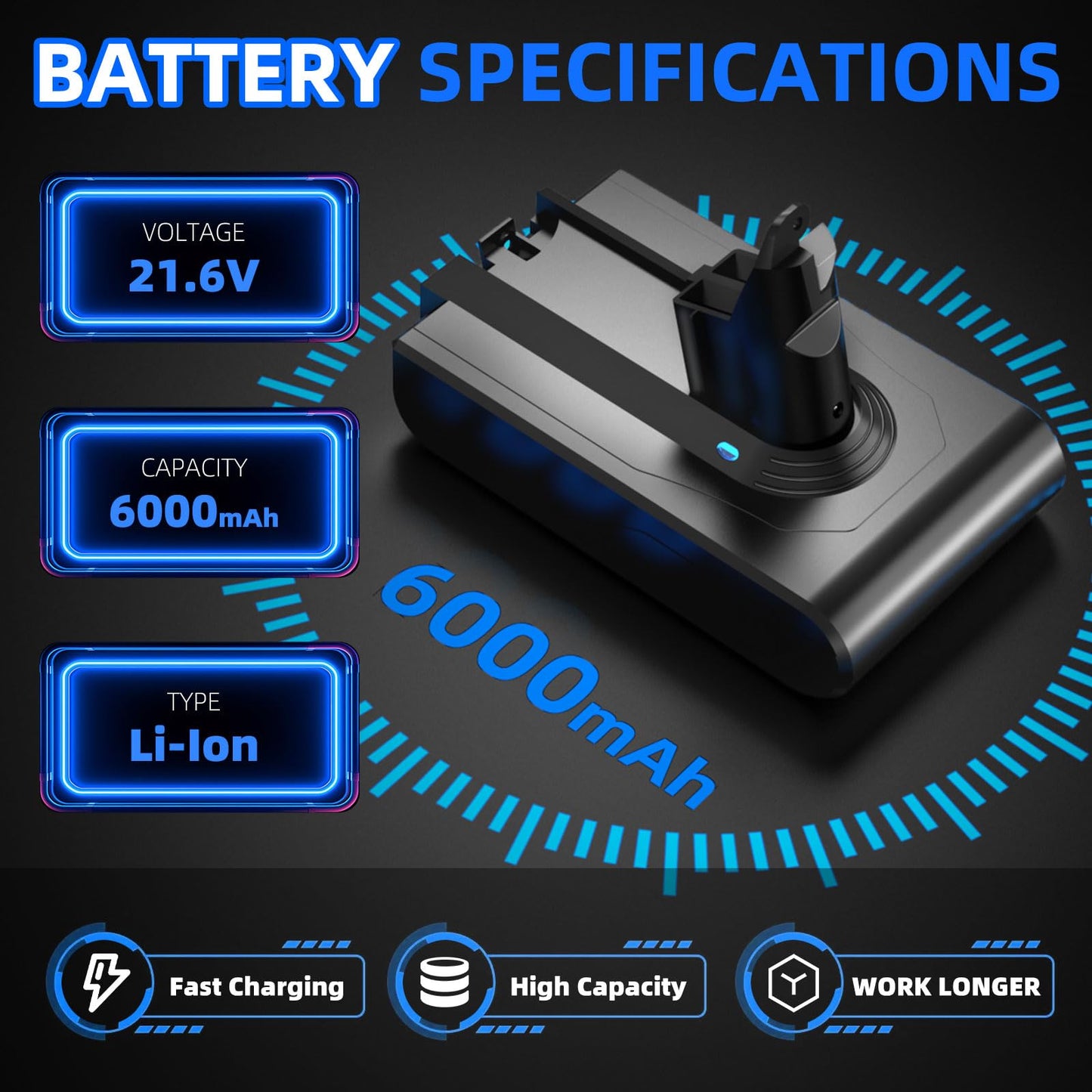 V6 Battery Replacement, 21.6V 6000mAh Batteria Compatible with SV03 SV04 SV05 SV06 SV07 SV09 VTC4 DC58 DC59 DC61 DC62 DC72 DC74 V6 Animal/Absolute/Motorhead/Trigger/Fluffy Series Handheld Vacuums