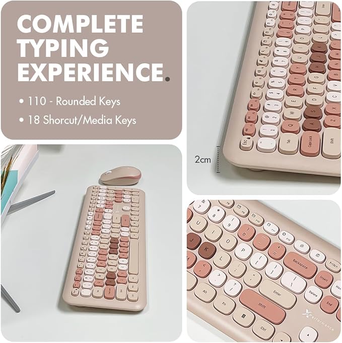 X9 Colorful Keyboard and Mouse Wireless - 2.4G Aesthetic Wireless Keyboard and Mouse Combo with Bubble Keys - Cute Typewriter Keyboard and Mouse for Computer PC Laptop Windows & Chrome (Brown)