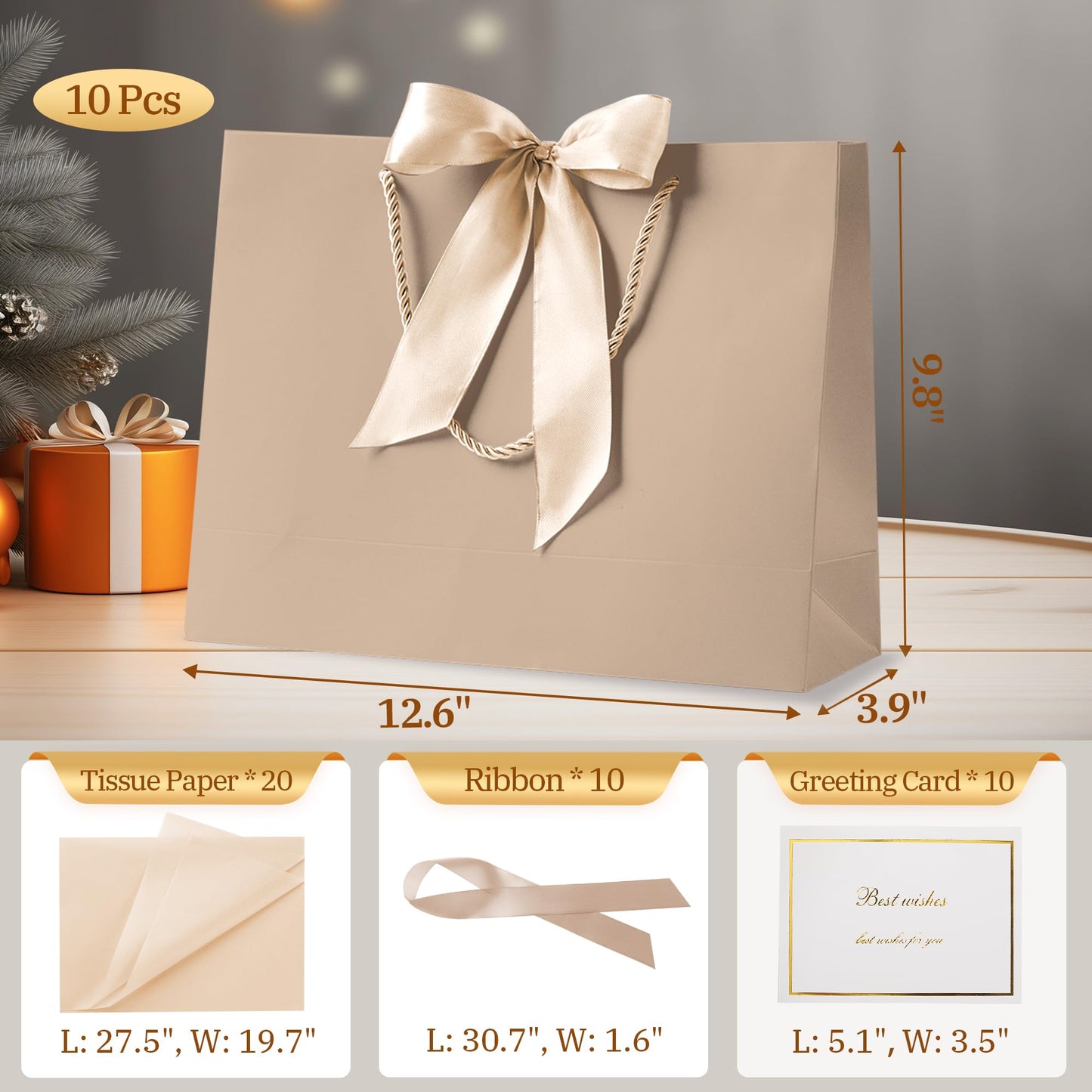 PASEOTA 12.6" Gift Bags Bulk, 10 Pcs Gift Bags with 20 Tissue Paper 10 Greeting Cards, Luxury Bag with Handles for Anniversary Wedding Birthday Christmas (Champagne)
