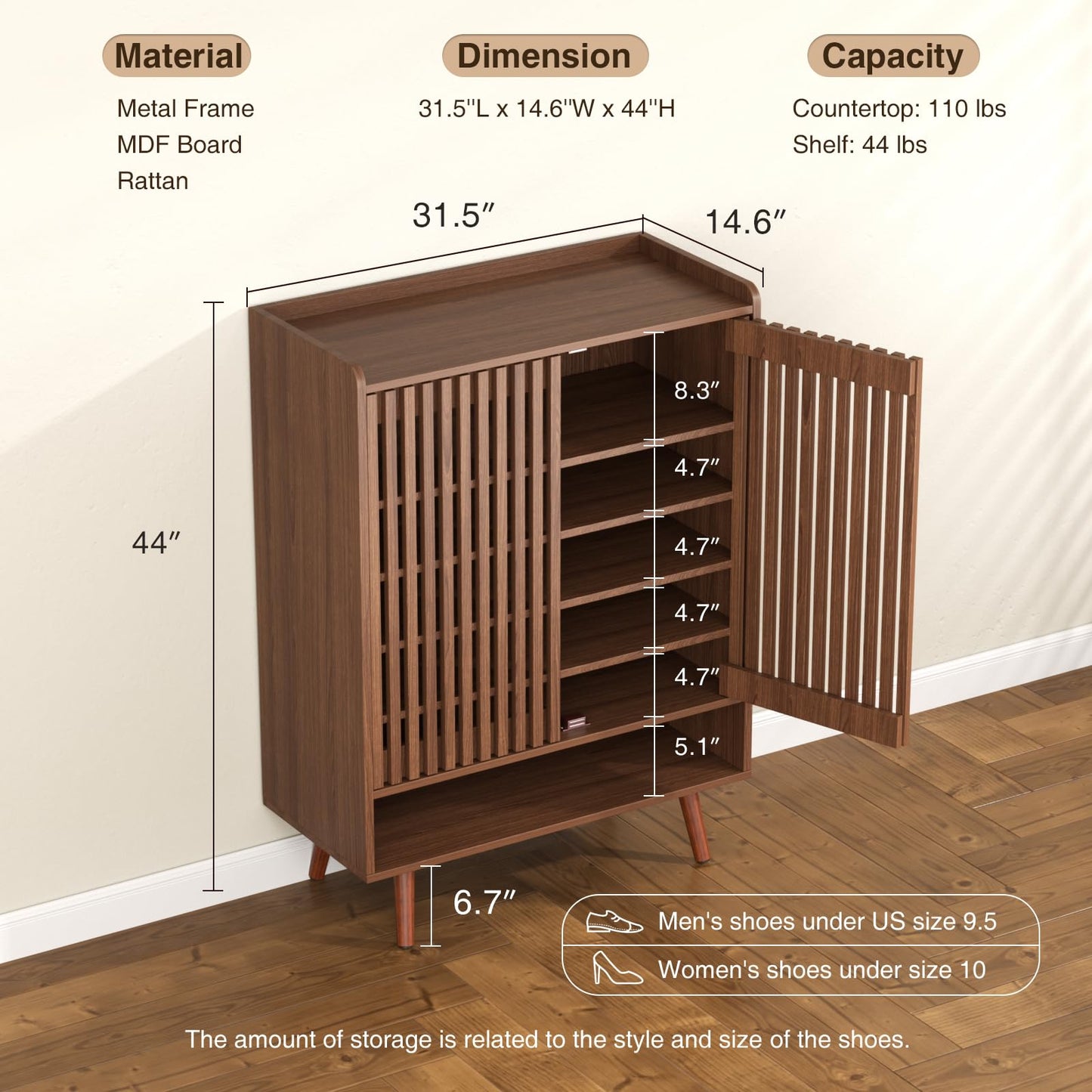 FiveWillowise Large Shoe Storage Cabinet with Adjustable Shelves, 6-Tier Wooden Shoe Rack Organizer with Grille Doors for Entryway, Hallway, Closet, Bedroom, Living Room, Walnut