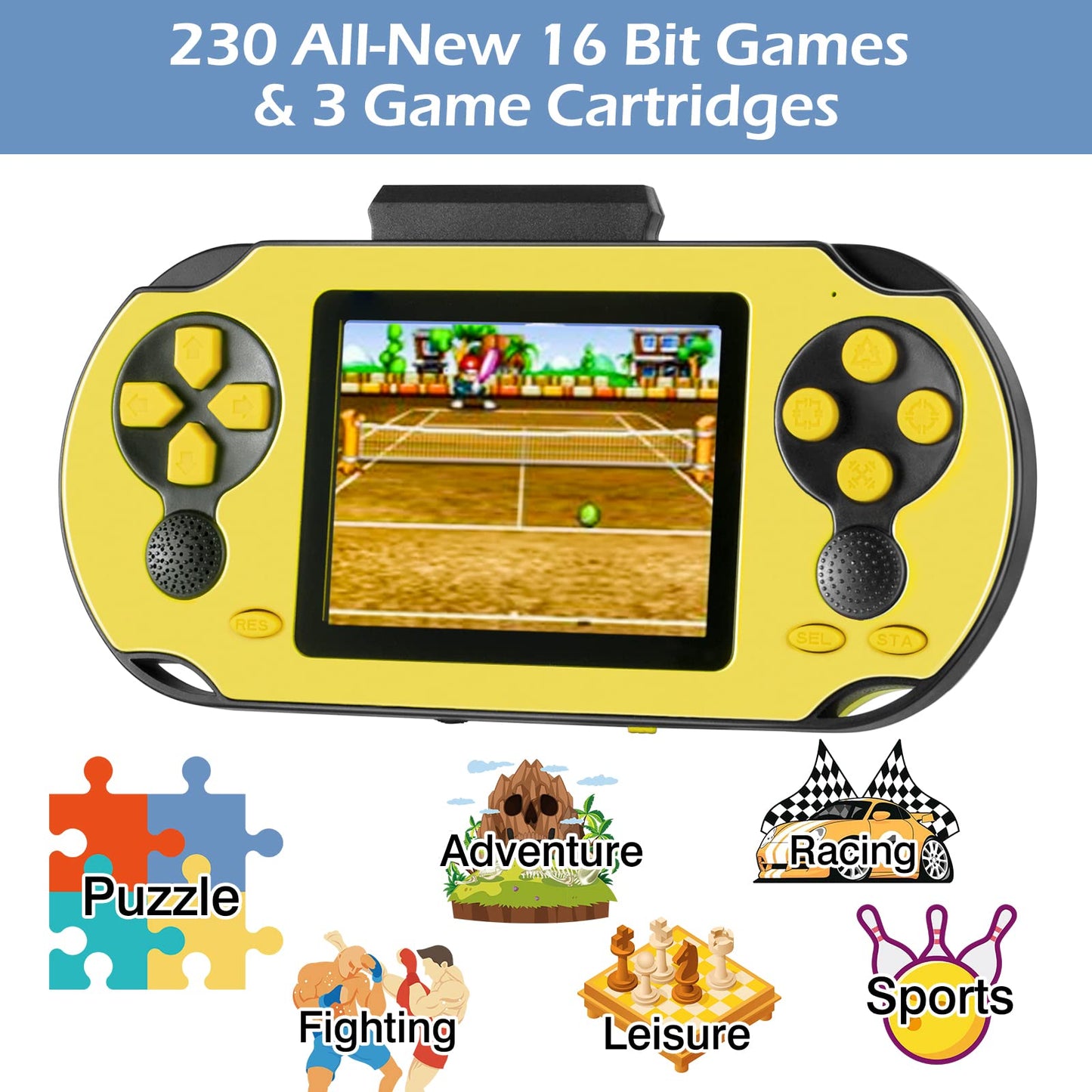 TaddToy 16 Bit Handheld Game for Kids Adults, 3.0'' Large Screen Preloaded 230 HD Classic Retro Video Games with USB Rechargeable Battery & 3 Game Cartridges for Birthday Gift for Kids 4-12 (Yellow)